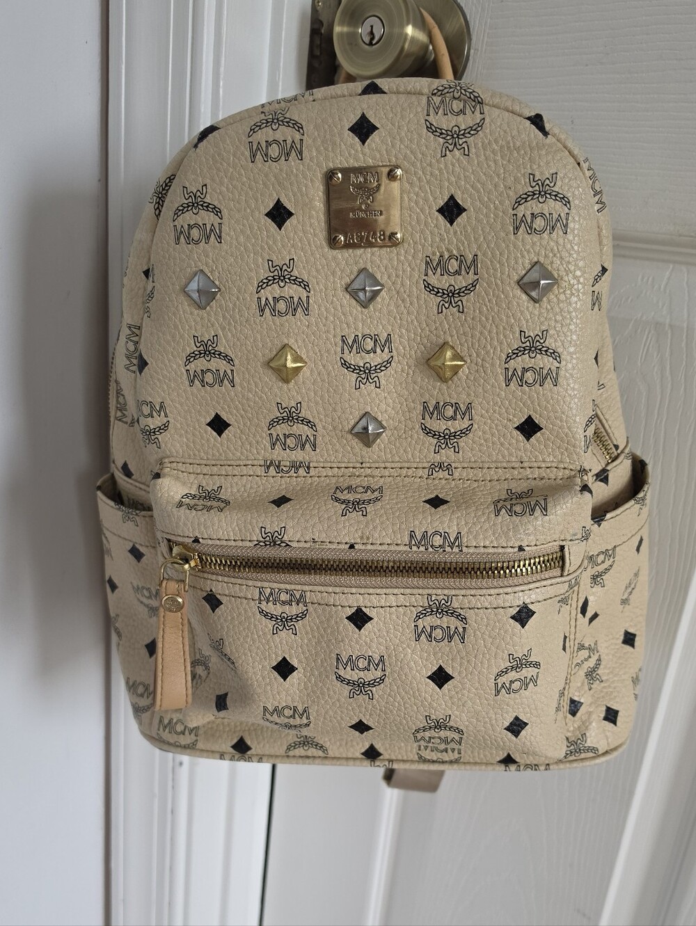 MCM Beige Visetos Logo Mini Backpack with Gold & Silver Studs